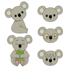 koala, м-
koala set of drawings, koala sitting, koala faces for a children's book, cute koala faces with glasses, koala with a leaf