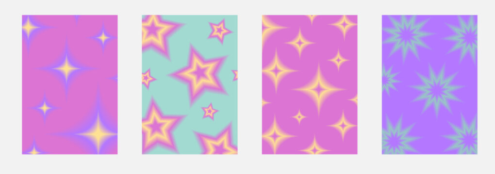 Set brochure y2k aura. Blurred heart, butterfly and stars with aura in trendy style y2k.