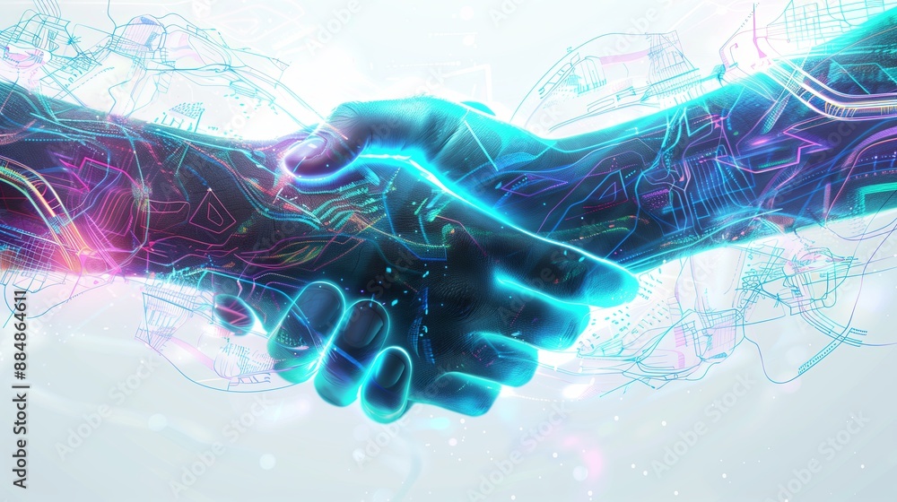 Aufkleber A futuristic holographic handshake, where two hands made of shimmering light and digital patterns meet in the center of the image. The holographic effect includes glowing lines,