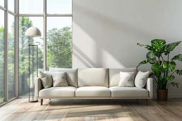 A modern living room interior with a sofa created with Generative AI