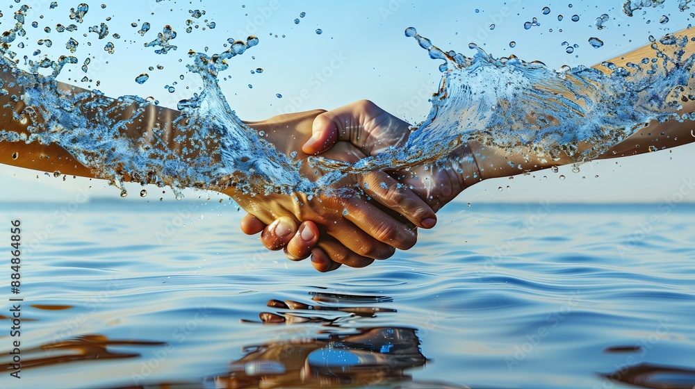 Poster A high-resolution image capturing the moment of a handshake where both hands are formed from dynamic water splashes, the fine details of water droplets clearly visible, with a