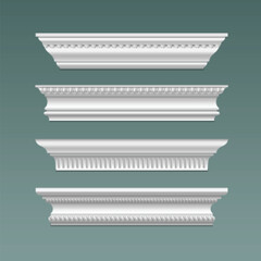Wall and ceiling white classic gypsum cornice with ornament. Realistic 3d vector illustration set of molding crown trim for classic home interior design. Styrofoam ledge plinth decoration with pattern © klyaksun
