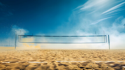 A volleyball net is set up on a sandy beach. The sky is clear and blue, and there are no clouds in the sky