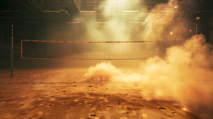 A volleyball net is in the background of a room with a lot of smoke. The smoke is coming from a fire, and the room is filled with it. Scene is tense and chaotic, as the fire is spreading