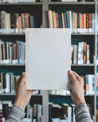 A person is holding a white book in a library. The book is empty and the person is holding it up to show it. The library is filled with many books, some of which are on the shelves