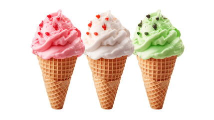 Assorted flavors ice cream scoops on waffle cones mockup template isolated on transparent background, perfect for design and artwork projects