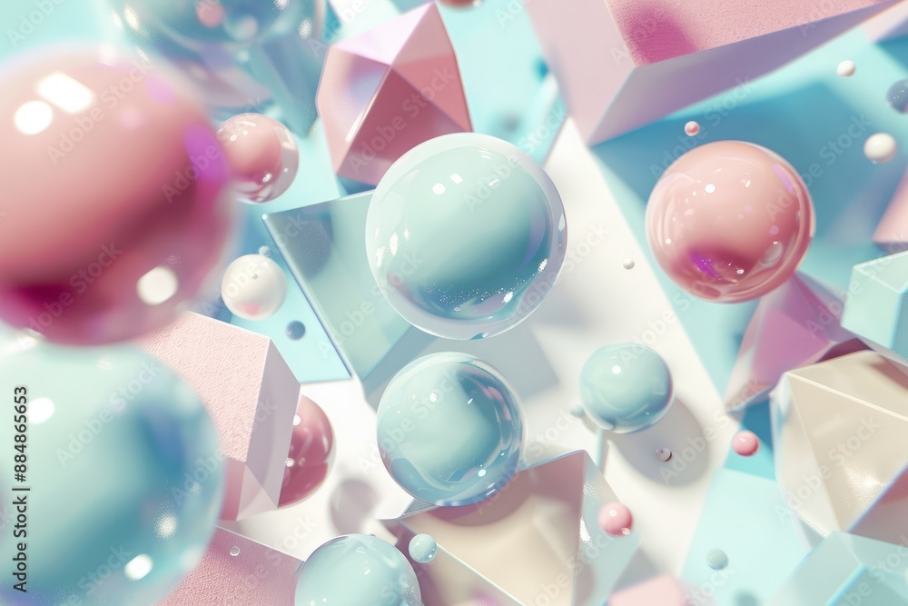 Wall mural minimalistic abstract 3d render of geometric shapes floating in space, with pastel colors