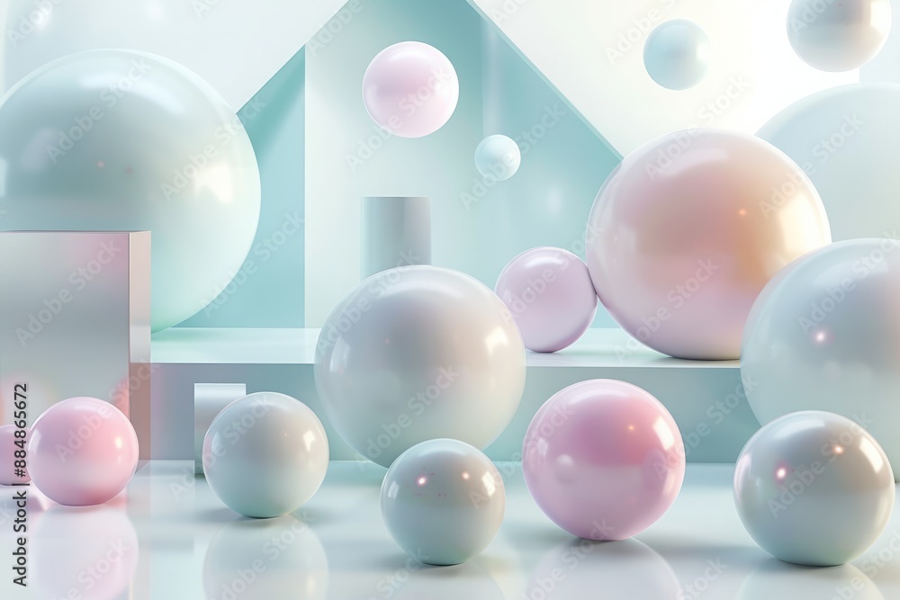 Wall mural minimalistic abstract 3d render of geometric shapes floating in space, with pastel colors.