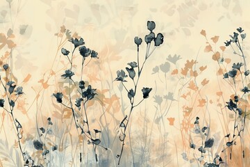 Minimalist ink drawing of abstract floral patterns in a soft, muted color scheme. 