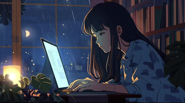 Anime girl working: Typing on laptop in cozy bedroom at night with warm lighting
 Seamless looping 4k time-lapse virtual video animation Generated AI