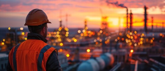 an engineer wearing safety protection hard hat looking towards construction site 