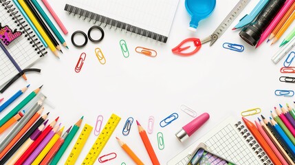 A horizontal decorative border of school supplies, featuring a mix of essential items like pencils, rulers, scissors, glue, and notebooks. The supplies are perfectly aligned,