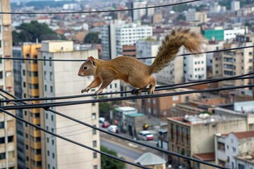 squirrel run on power line above city view. Wild life in urban environment