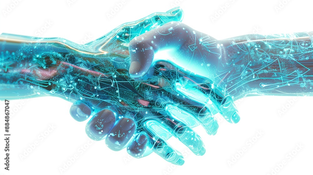 Poster A horizontal view of a holographic handshake, where two hands made of digital light and shimmering patterns clasp firmly. The hands are composed of vibrant blue and green