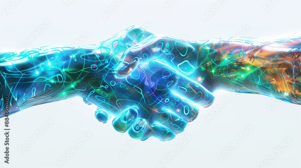 Poster A horizontal view of a holographic handshake, where two hands made of digital light and shimmering patterns clasp firmly. The hands are composed of vibrant blue and green