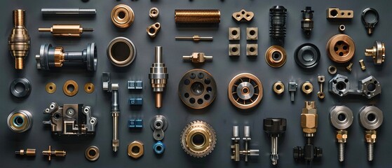 Fototapeta premium An array of various precision engineered metal components showcasing industrial machine elements