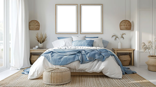 Tranquil Coastal Bedroom Mockup with White Bed Frame, Blue Linens, and Beach Artwork on Walls