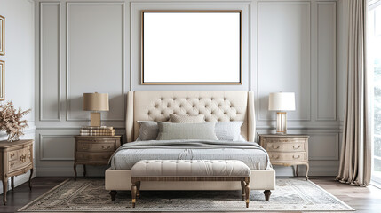 Elegant Traditional Bedroom with Classic Furniture and Timeless Decor, Product Mockup Front View for Wall Art