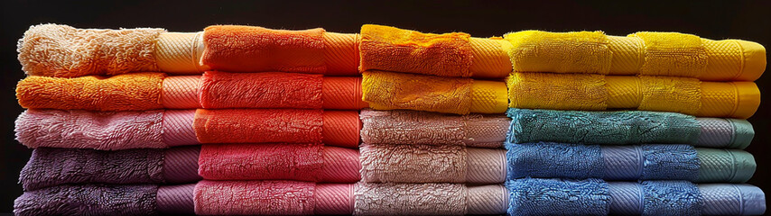 Freshly Folded Rainbow of Colorful Towels on White Background