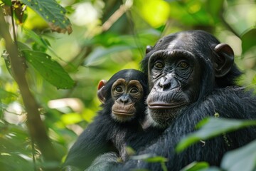 A chimpanzee mother and baby in a protected forest, underscoring primate conservation 