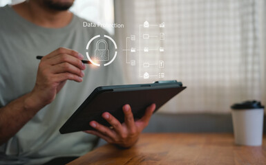 Cyber security network. Data protection concept. Businessman using laptop computer with digital...