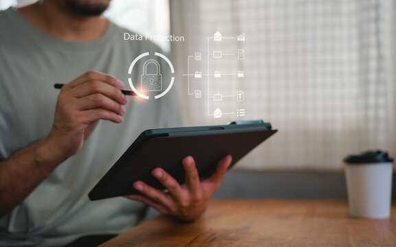 Cyber security network. Data protection concept. Businessman using laptop computer with digital padlock on internet technology networking with cloud computing and data management, cybersecurity