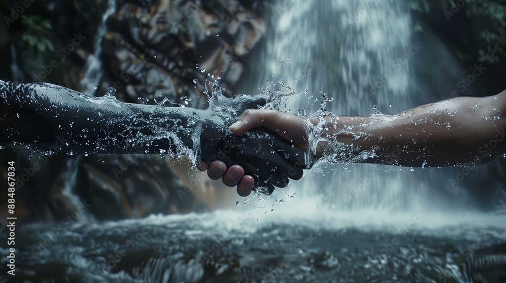 Poster A realistic graph of two hands made of water splashes coming together in a handshake, with the background featuring a misty waterfall, the mist adding a magical atmosphere to