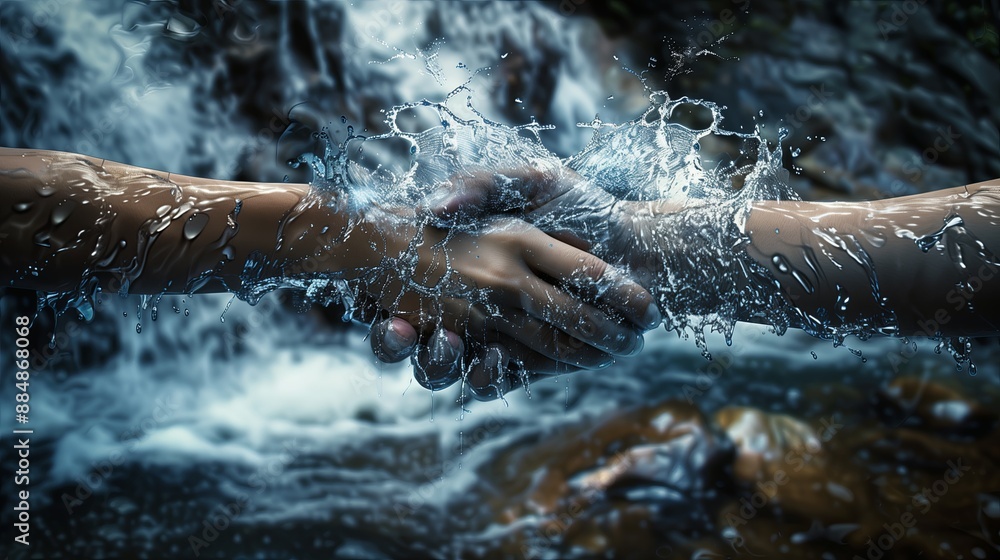 Poster A realistic graph of two hands made of water splashes coming together in a handshake, with the background featuring a misty waterfall, the mist adding a magical atmosphere to