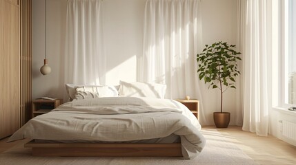 A minimalist bedroom featuring a high-quality linen bedspread, a single solid oak nightstand, and a large, simple window with sheer curtains