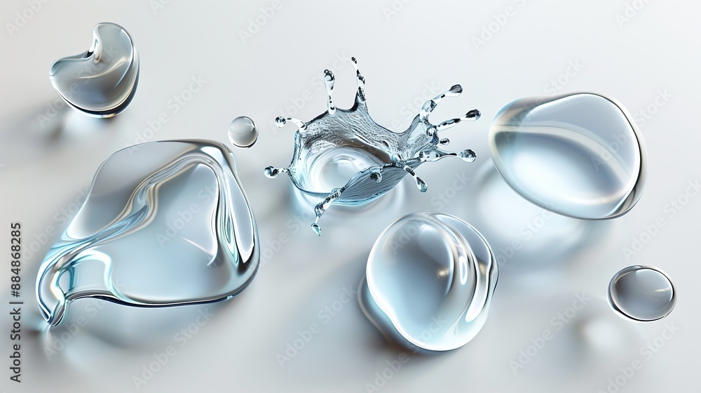 Poster a set of liquid 3d shapes, including spheres, droplets, and waves, each appearing to be made of tran