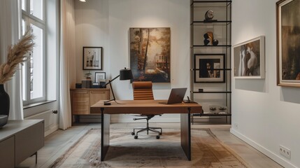 A minimalist home office with a sleek wooden desk, a single high-end leather chair, and a few carefully chosen art pieces on the walls