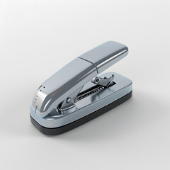 A silver stapler with a black handle sits on a white background. The stapler is open and ready to use