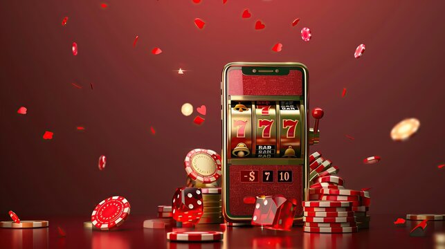 Banner of mobile online casino application with 777 big win slot machine. Poster with online mobile app casino and Jackpot 777. Image of online casino.