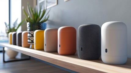 Solid colored smart speakers arranged neatly on a minimalist shelf