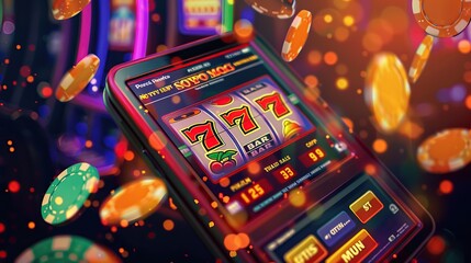 Banner of mobile online casino application with 777 big win slot machine. Poster with online mobile app casino and Jackpot 777. Image of online casino.