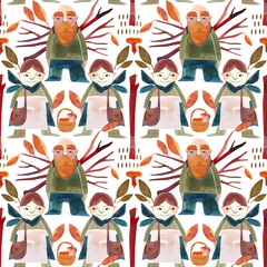 Watercolor seamless patern with autumn gnomes . Seasonal wrapping paper. Fall. Raster illustration for packaging, wallapers, wrapping paper, textile. White background