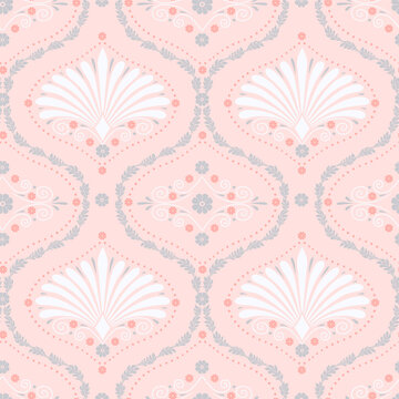 Seamless pattern with white anthemion floral shapes and ogee geometrical motifs on a pastel pink background. Classic abstract repeat wallpaper.