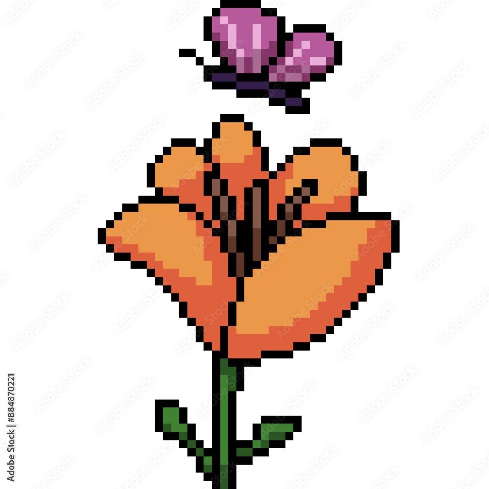 Sticker pixel art of butterfly and flower