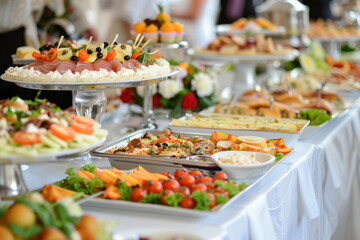 Catering food on long table, Party