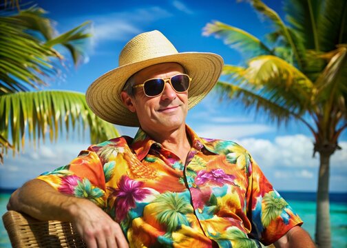 Relaxed tropical setting featuring a straw hat, sunglasses, and brightly colored shirt, evoking the laid-back vibe of a renowned economic leader on a rare day off.