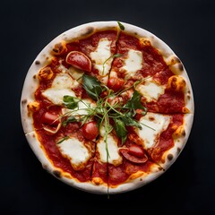  Restaurant pizzeria menu with delicious taste seafood pizza and slice, mozzarella cheese photo