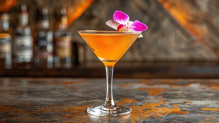   A clear close-up of a drink in a glass, resting on a table and adorned with a delicate flower on top of the rim