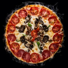  Restaurant pizzeria menu with delicious taste seafood pizza and slice, mozzarella cheese photo