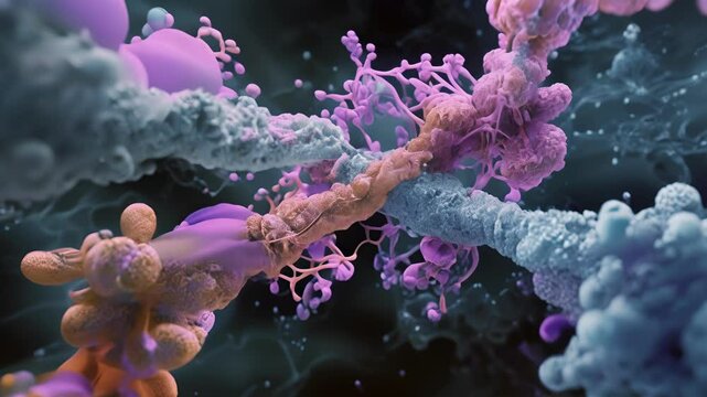 Scanning electron microscope image of multiple antibodies forming a bridge between two antigen molecules.
