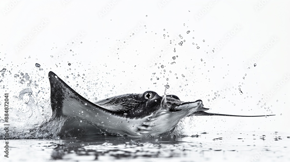 Poster A high-resolution of a stingray lunging forward with its tail poised to strike, set against a clean white backdrop. The image captures the dynamic movement and sheer power of