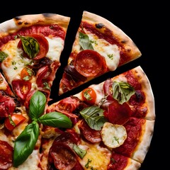  Restaurant pizzeria menu with delicious taste seafood pizza and slice, mozzarella cheese photo
