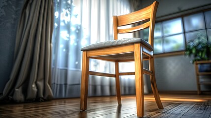   Wooden chair, potted plant, hardwood floor, curtain, window