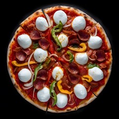  Restaurant pizzeria menu with delicious taste seafood pizza and slice, mozzarella cheese photo