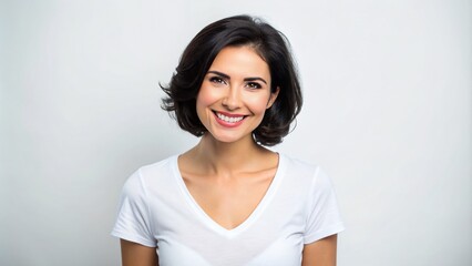 Beautiful smiling European American woman 28 years old with black hair, white v-neck women's t-shirt, white background
