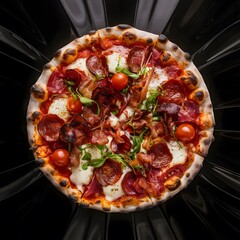  Restaurant pizzeria menu with delicious taste seafood pizza and slice, mozzarella cheese photo